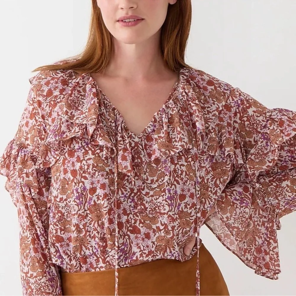 J. Crew Ruffle Crinkle Chiffon Top in Fête Floral Medium